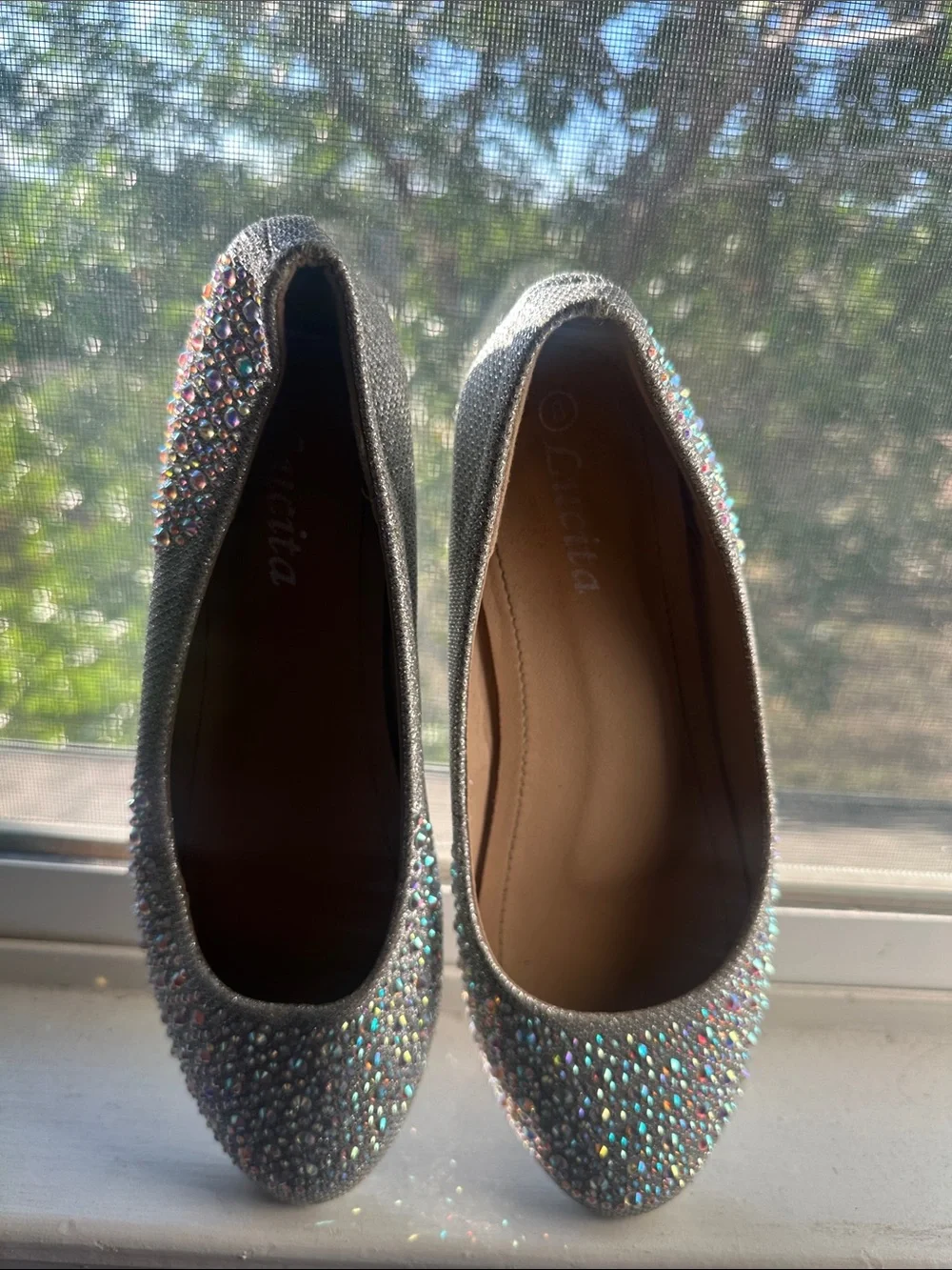 Crystal-Studded Silver Ballet Flats by Unbranded